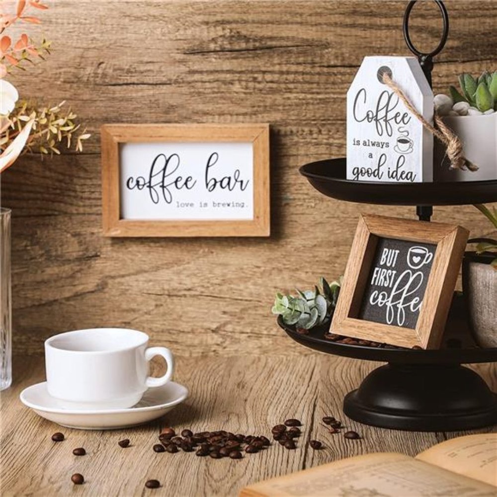 3 Pieces Mini Coffee Bar Sign Farmhouse Coffee Wooden Sign But First Coffee Wood - Picture 5 of 6